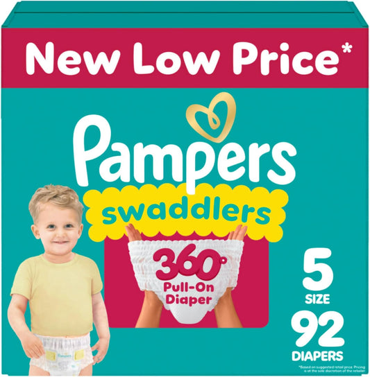 Pampers Diapers - Swaddlers 360° - Size 5, 92 Count, up to 100% Leakproof Comfy Dry Fit, Designed for Easy Changes, Pull On Baby Diaper (Packaging May Vary)