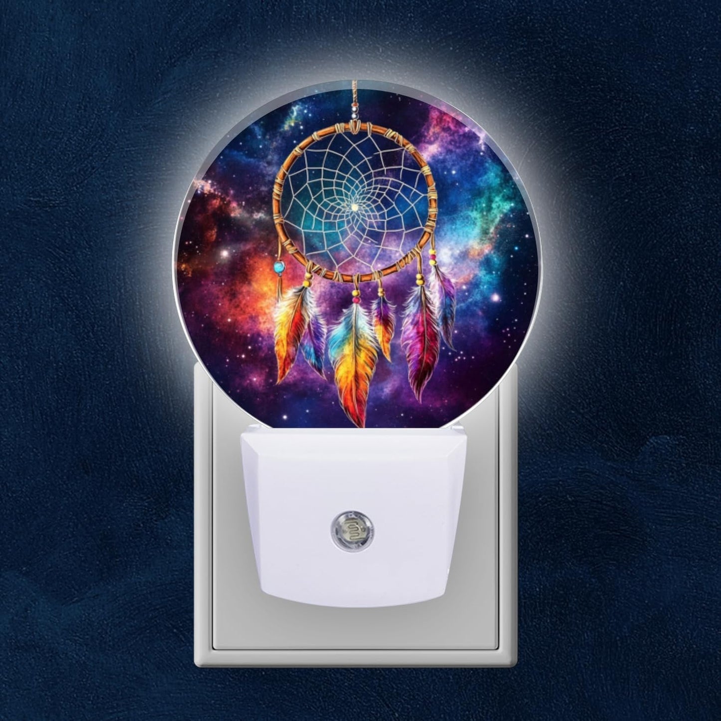 Round LED Night Lights Lamp with Dusk to Dawn Sensor, Colorful Dreamcatcher with Feathers in The Center Night Light Plug Into Wall for Kids Room, Bedroom, Bathroom, Kitchen, Hallway