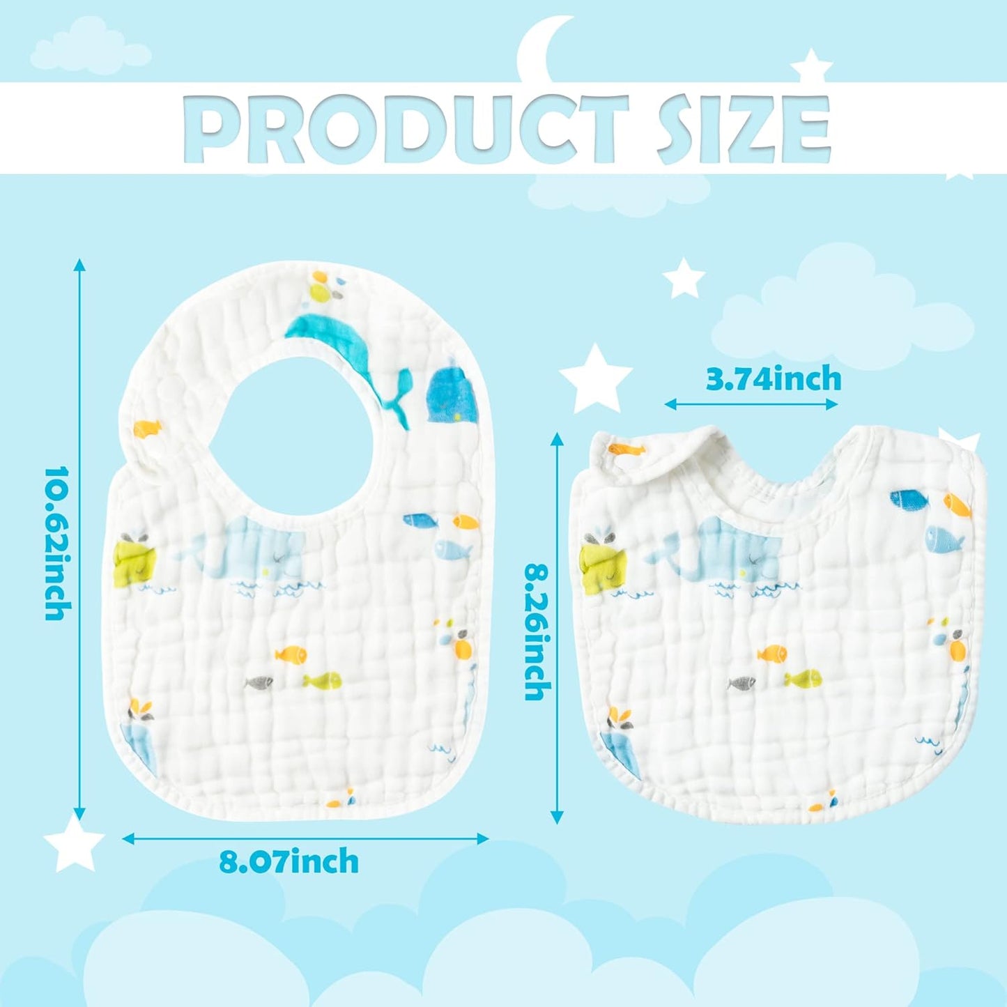 Zainpe 6Pcs Snap Muslin Cotton Baby Bibs Elephant Whale Rabbit Pattern Feeding Bib Adjustable Machine Washable Unisex Burp Cloths with 6 Absorbent & Soft Layers for Boys Girls Drooling Teething Eating