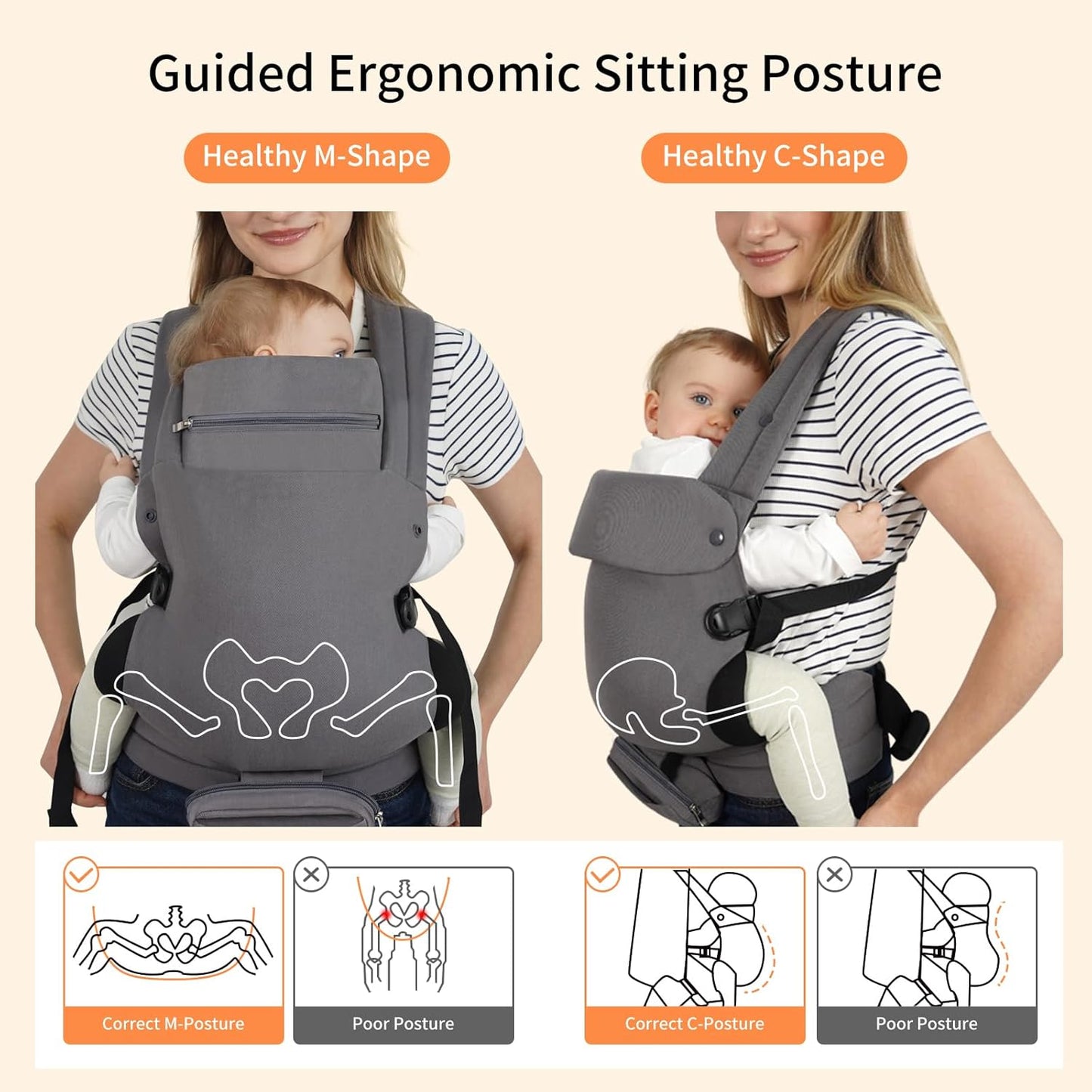 Baby Carrier, Baby Carrier Newborn to Toddler, Ergonomic, Cozy and Lightweight Infant Carrier for 7-44lbs, Toddler Carrier Ideal for Hands-Free Parenting with Zipper Pouch, Bottle Bag, Windproof Cover