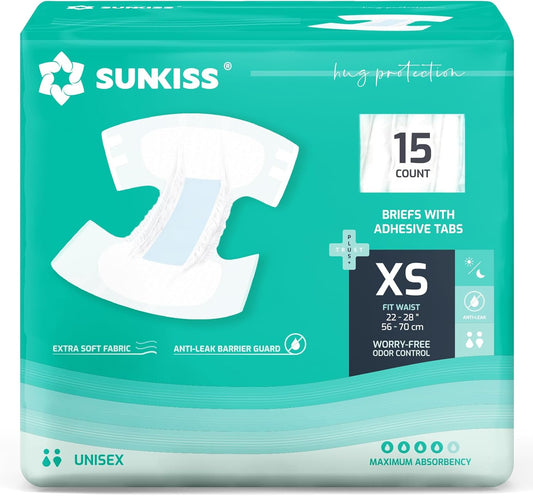 SUNKISS TrustPlus Adult Diapers with Maximum Absorbency, Unisex Disposable Incontinence Briefs with Tabs for Men and Women, Odor Control, XSmall, 15 Count