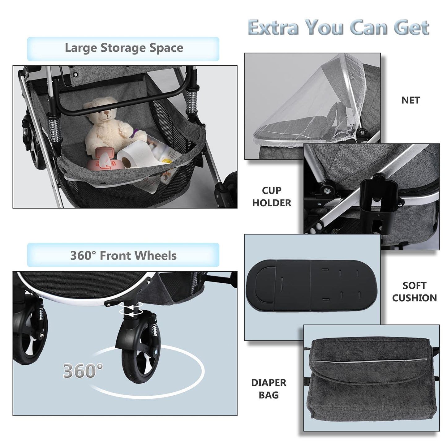 Kinder King 2 in 1 Convertible Baby Stroller, Folding High Landscape Infant Carriage, Newborn Reversible Pram, Diaper Bag, Anti-Shock Toddler Pushchair Stroller, Dark Grey