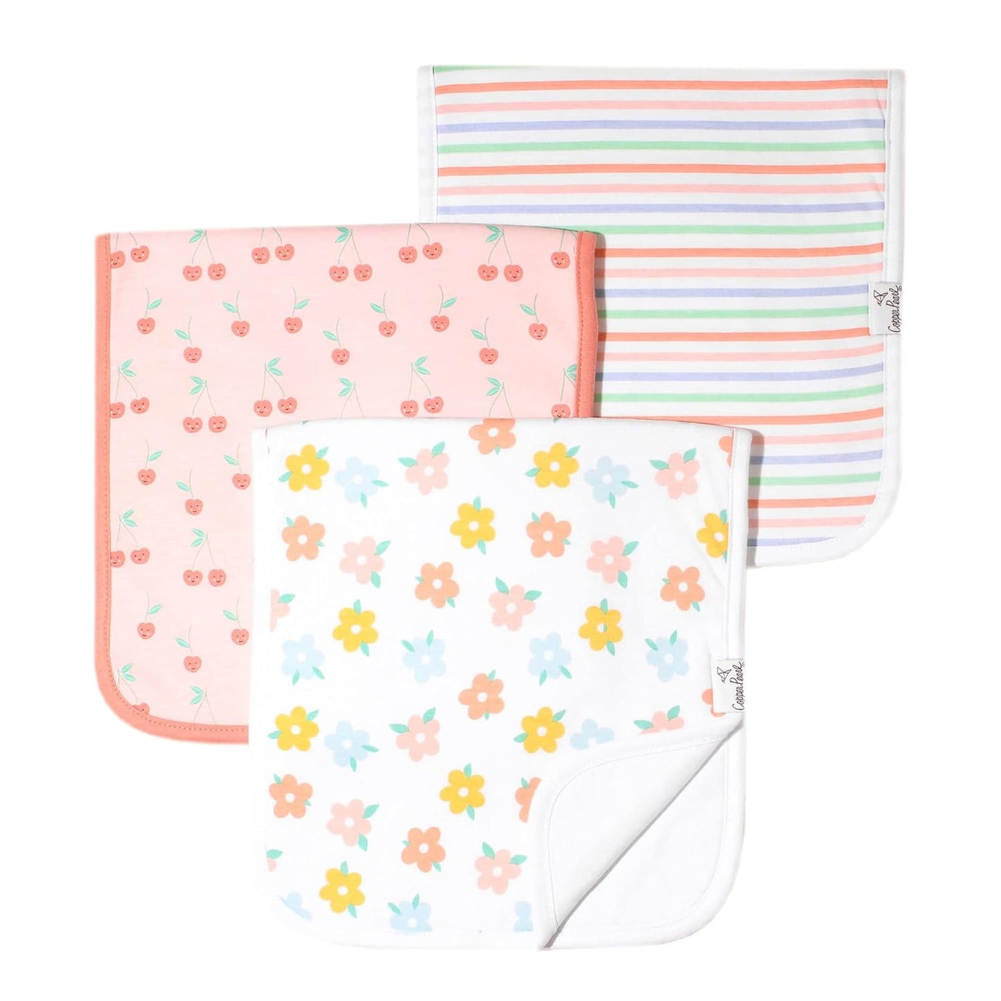 Copper Pearl Premium Baby Burp Cloths - 3-Pack Large Cotton Burp Cloths, Extra Soft Spit Up Rags with 3 Absorbent Layers, Perfect for Baby Girl Gifts (21" x 10" Size, Cheery Set)
