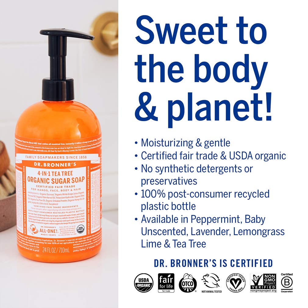 Dr. Bronner's - Organic Sugar Soap (Tea Tree, 24 Ounce) - Made with Organic Oils, Sugar and Shikakai Powder, 4-in-1 Uses: Hands, Body, Face and Hair, Cleanses, Moisturizes and Nourishes, Vegan