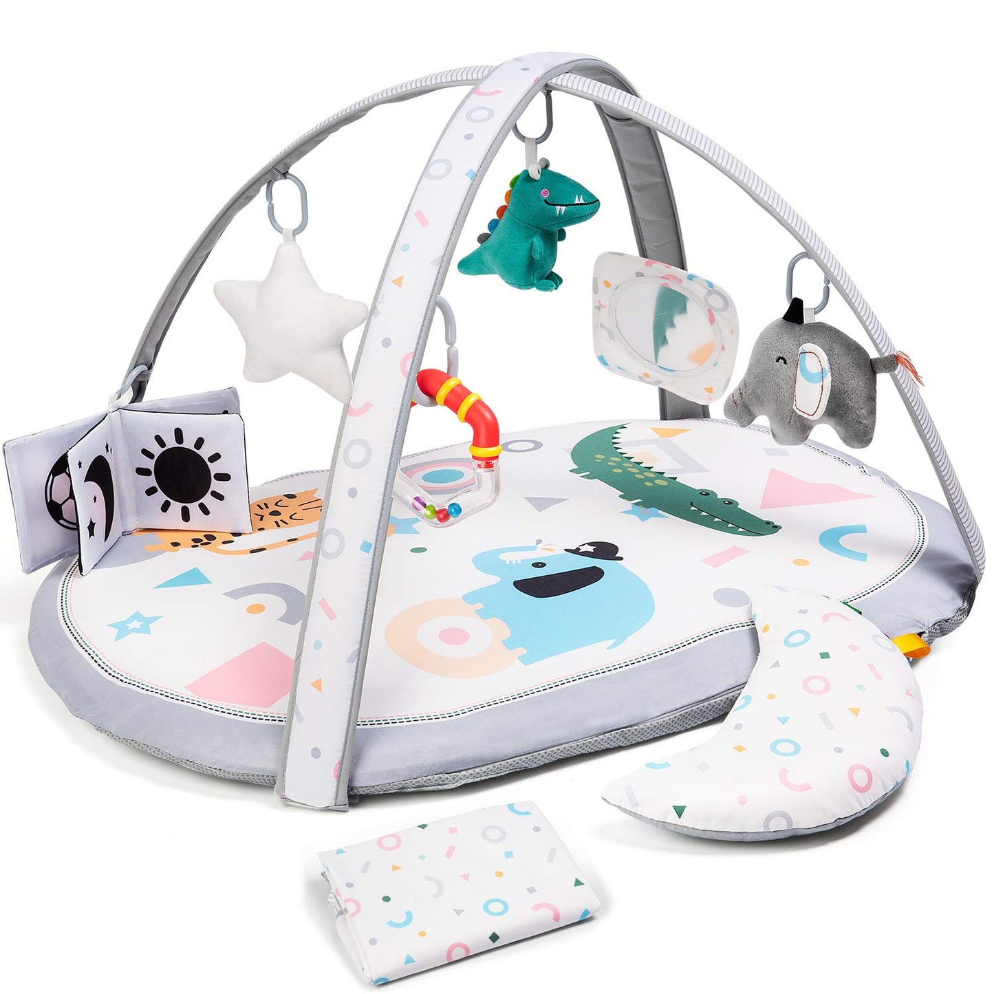 Lupantte 7-in-1 Baby Play Gym Mat with 2 Washable Covers, Infant Activity Mat with 6 Sensory Toys for Visual, Hearing & Cognitive Development, Thick Non-Slip Playmat for Babies & Toddlers