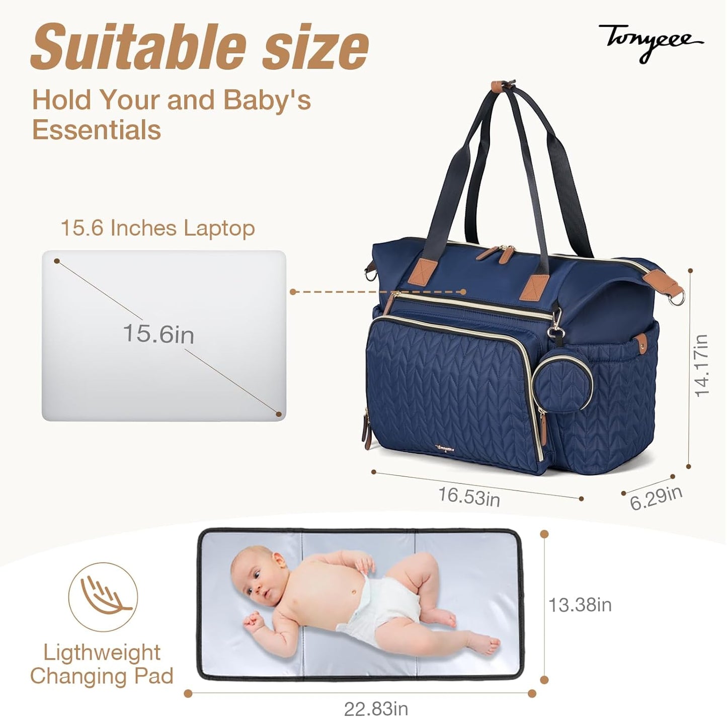 Diaper Bag Tote, Large Baby Diaper Bags Waterproof, Hospital Bag for Labor Delivery with Pacifier Case, Changing Pad, Shoulder Strap, Dark Blue