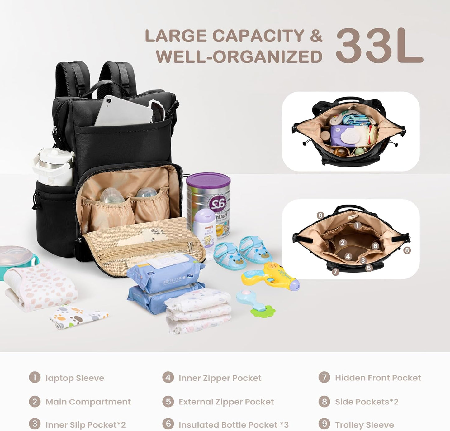 VONAL Neoprene Diaper Bag Backpack with Changing Pad, 33L Large Capacity Neoprene Backpack Baby Diaper Bag with Insulated Pockets, Travel Diaper Backpack Baby with 12 Pockets for Mom & Dad, Black