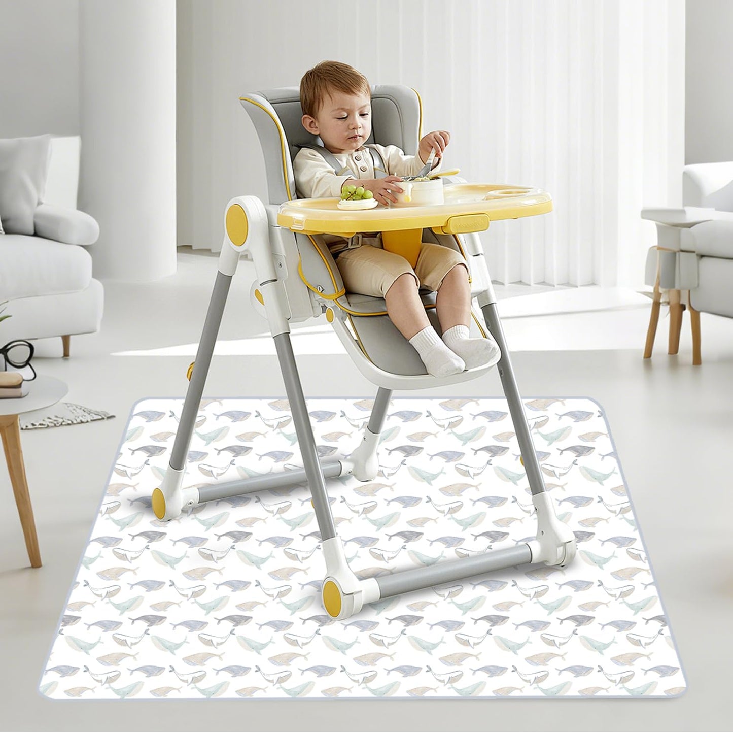 Baby Splat Mat for Under High Chair, 51 x 51 Inch Wipeable Splash Mat，Floor Protector，Wipe-Clean Tablecloth and Playing Mat (Whale)