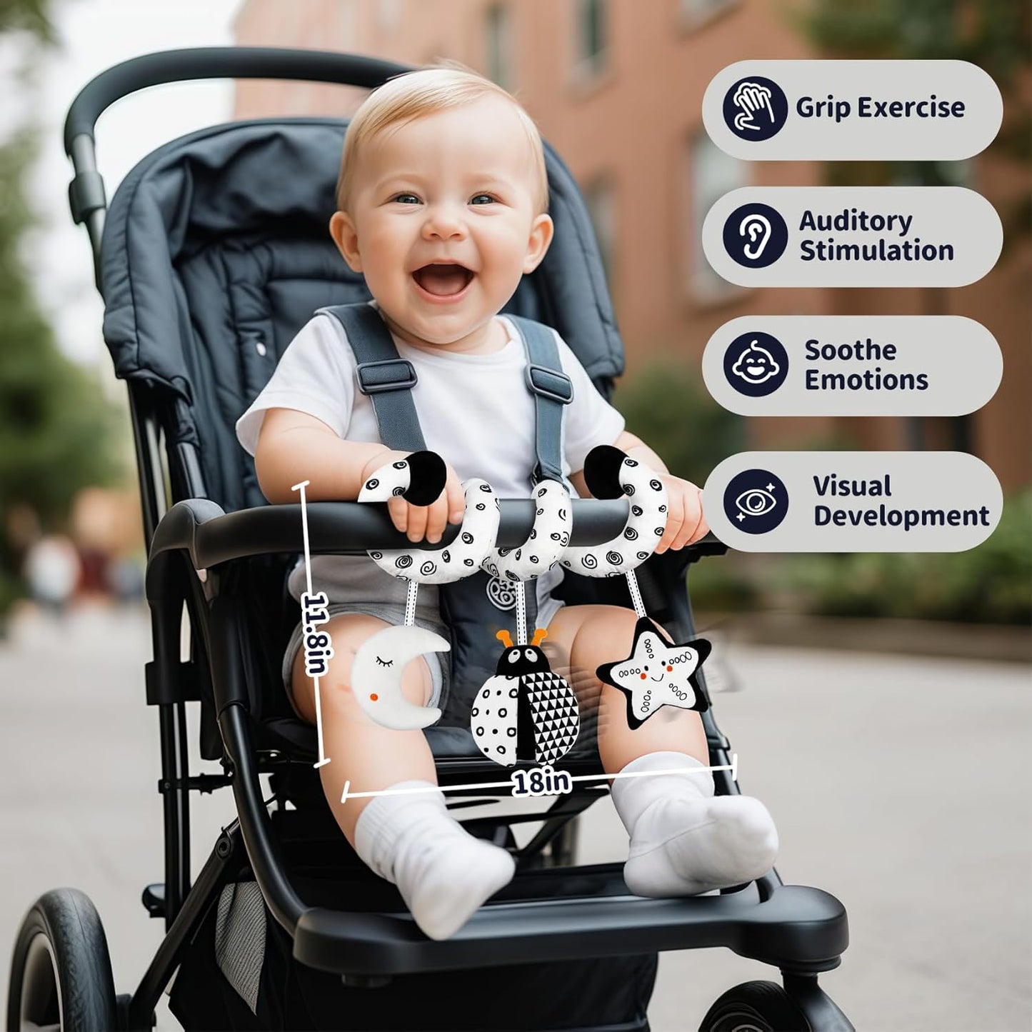 TSYAN Car Seat Toys for Babies 0-6 Months,Hanging Rattle Toys for Crib Mobile, Baby Spiral Hanging Stroller Black and White High Contrast Toys for Newborn 0 3 6 9 12 Months Baby Boys Girls (Bug)