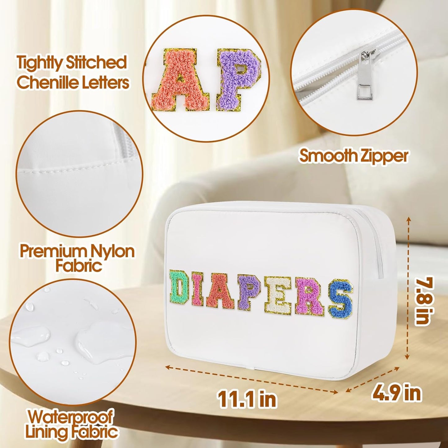 Portable Small Diaper Bag, Chenille Letter Diaper Caddy Organizer Pouch Newborn Baby Essentials Must Haves for Nursery Changing Table, White Waterproof Diaper Pail Baby Shower Gifts for Mom To Be