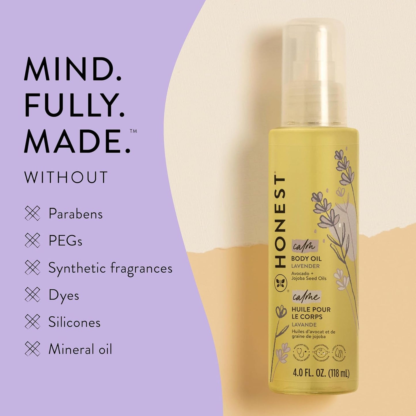 The Honest Company Lavender Infused Calming Body Oil Moisturize Nourish and Soothe Baby's Skin Plant-Based Hypoallergenic Vegan 4.0 fl oz