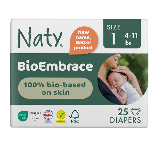 Naty BioEmbrace Baby Newborn Diapers Size 1 (4–11 lbs) | 100% Biobased on Skin | Plant-Based Softness | Dermatologically Tested, Super Absorbent | 25 Count