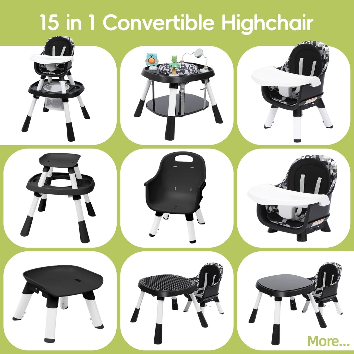 15 in 1 Convertiable High Chair for Babies and Toddlers, 2 in 1 Highchair & Activity Center w/Toys, Booster Seat, Toddler Chair w/5-Point Harness & Removable Tray & 2-Layer Cusion (Black)