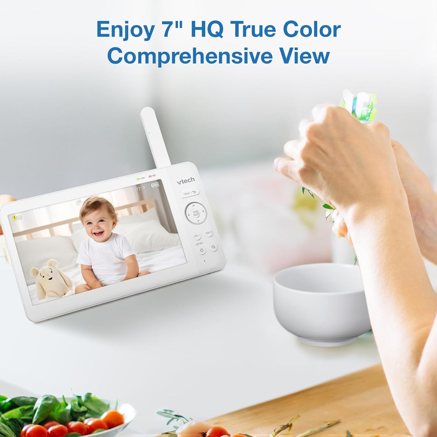 VTech 7" Baby Monitor with IPS Screen, Pan Tilt Zoom Camera, No WiFi Video Baby Monitor with Camera and Audio, Multi-Color Night Light, 2-Way Talk, Lullabies, Advanced HQ Max