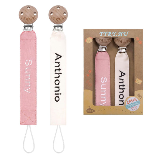 TYRY.HU Personalized Pacifier Clip with Name, Embroidery Pacifier Holder for Baby Girls and Boys, Neutral Binky Clips Universally Fit All Pacifiers & Baby Toys, Baby Gift, 2 Pack(Beige,Pink)