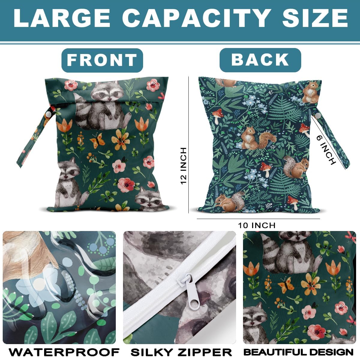2Pcs Squirrel Wet Bag 12x10 Inch, Plants Waterproof Reusable Wet Dry Bag, Flowers Washable Travel Laundry Bags for Swimsuit Pool Beach Diapers Dirty Yoga Gym Clothes, Raccoon Gifts for Women Friend