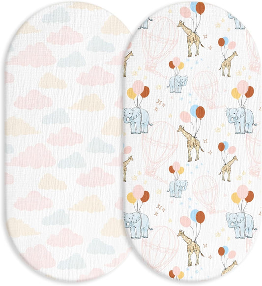 Muslin Bassinet Fitted Sheets, 2 Pack for Baby Boy and Girl, Soft Breathable Baby Pad/Mattress Sheet, Fit for Hourglass Oval and Rectangle Bassinet Mattress (Cute Animals)