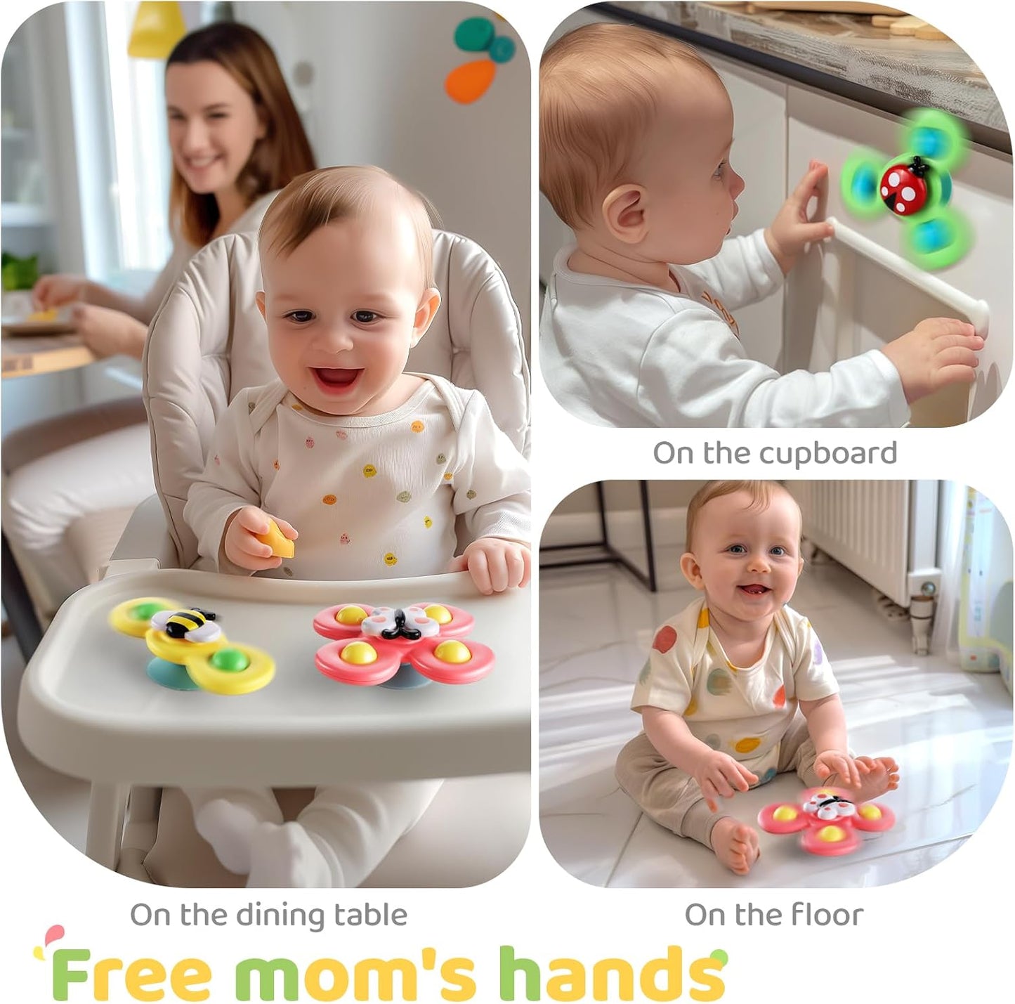 ALASOU 3PCS Suction Cup Spinner Toys for 1 Year Old Boy Girl|Spinning Top Infant Sensory Toys for Toddlers|1 2 Year Old Boy Christmas Birthday Gift|Baby Bath Toy Stocking Stuffers for Kids Ages 1-3