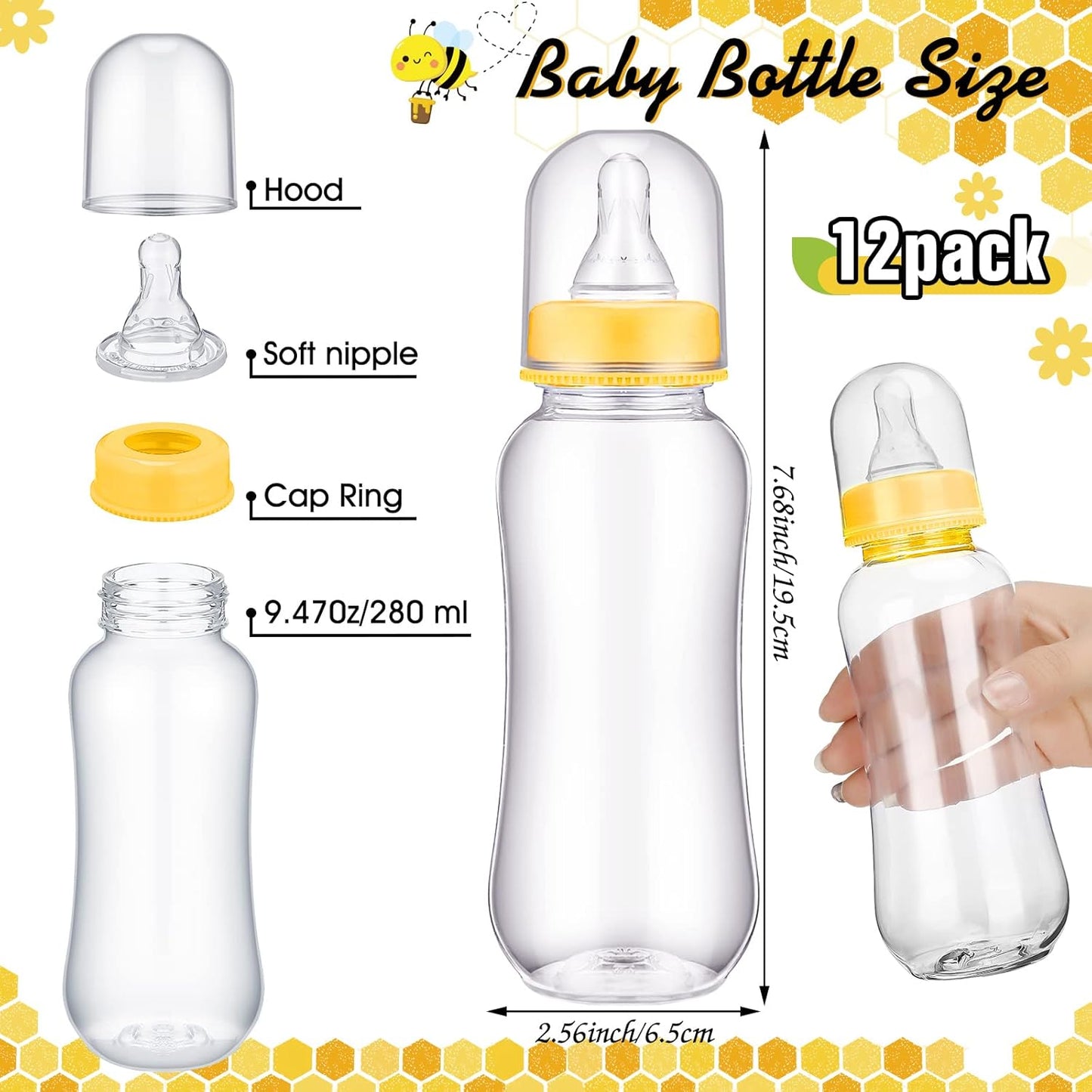 TrelaCo Cool Baby Shower Games Wooden Bottle Chug Sign Bee Theme Gift Sets and 12 Pcs Baby Bottle Shower Favor for Honeycomb Bee Games Gender Reveal