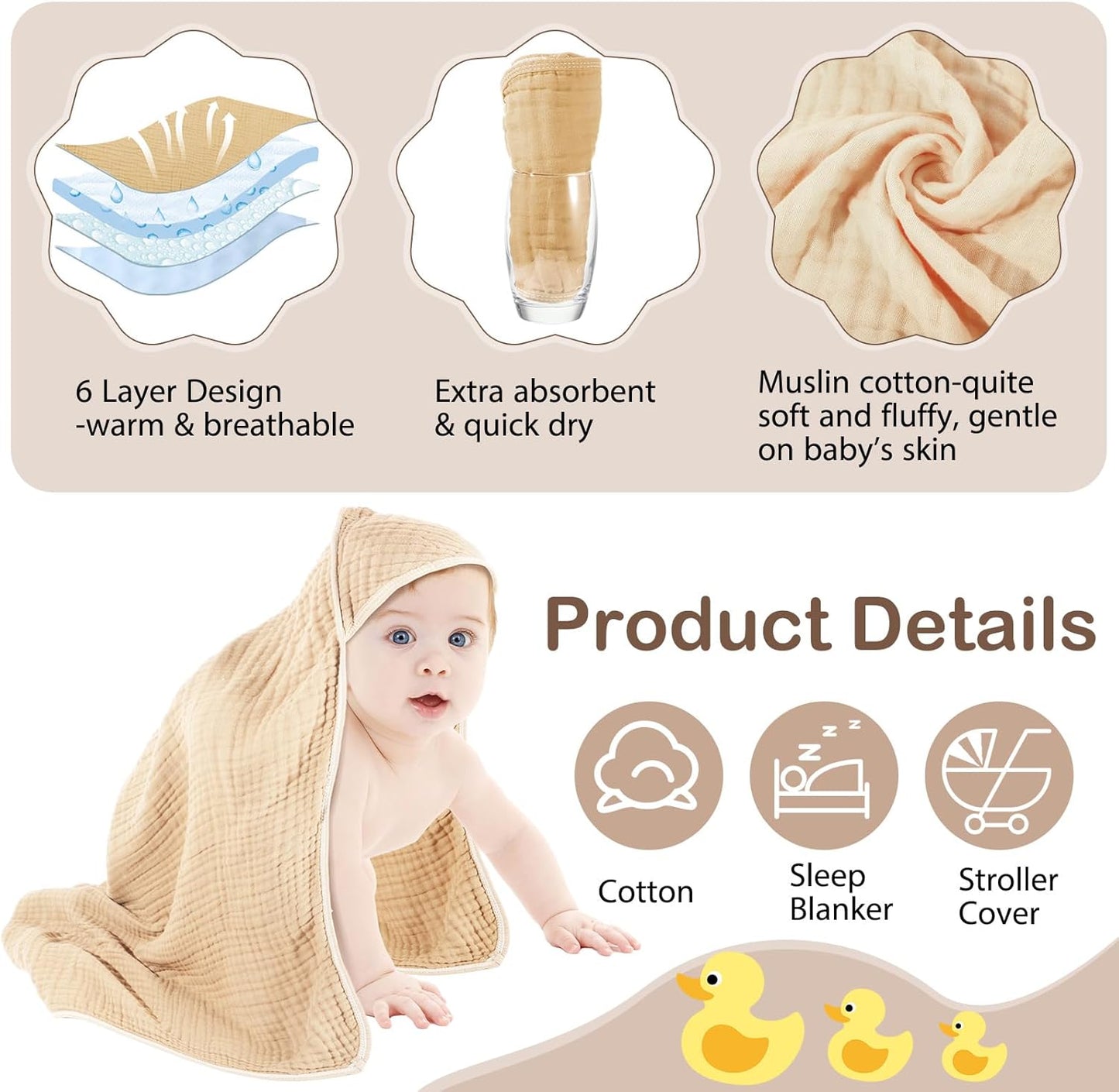 Peryiter 4 Pcs Muslin Hooded Baby Towels, 32"x 32" Cotton Newborn Bath Towel Muslin Infant Baby Blankets Absorbent Unisex Christmas Registry Gift Essentials for Girls Boys (Green)