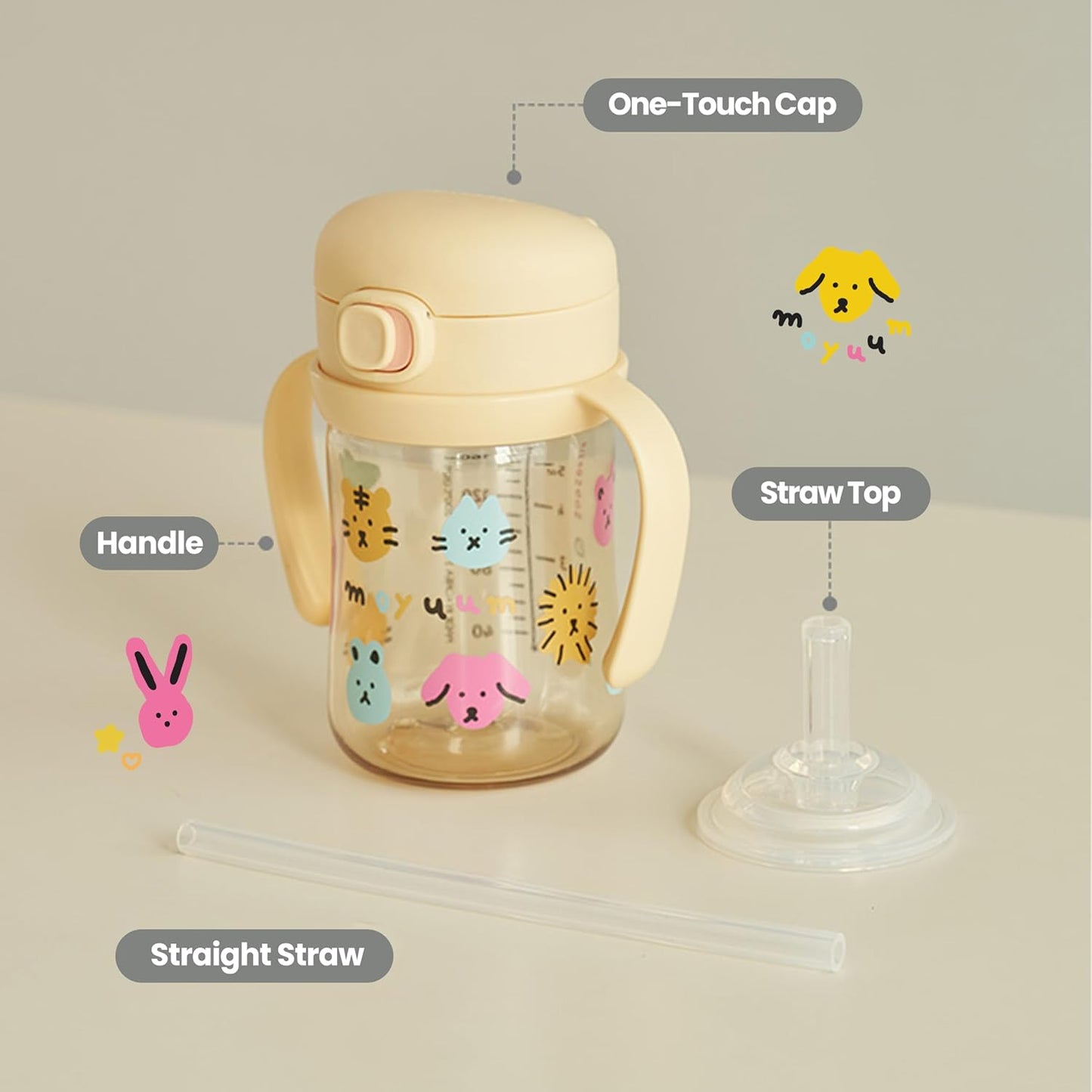 MOYUUM Leak Proof Sippy Cup with Handle | Made in Korea, 100% BPA Free PPSU, Magic No Spill Straw Cup with Attached Flip Top Lid, Easy to Hold for Babies and Toddlers, 9oz Yellow