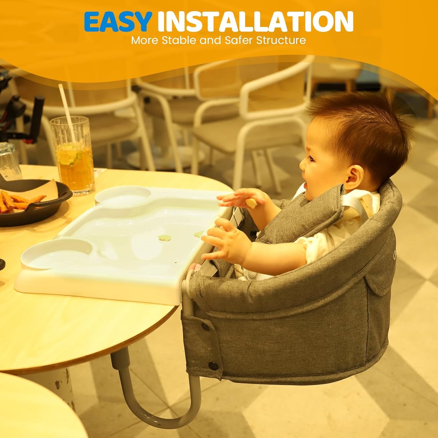 Orzbow Hook On High Chair with Removable Dining Tray, Folding Portable High Chair with Storage Bags, Baby Table Booster Seat, Easy Clip on Table Feeding HighChair for Travel, Restaurant and Home, Grey