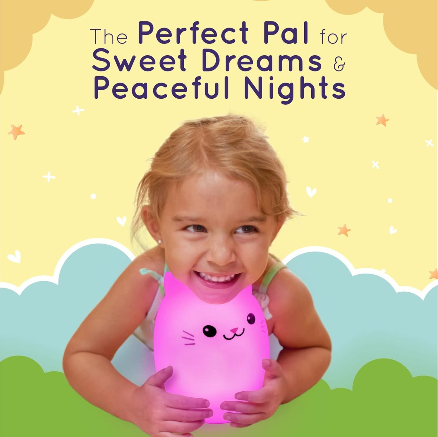 Lumipets Clive The Cat Squishy Silicone Night Light for Kids | Cute Night Light with Remote & Touch Control for Baby & Toddler Bedrooms | Color Changing Portable Animal Nightlight | Kids Mood Lamp