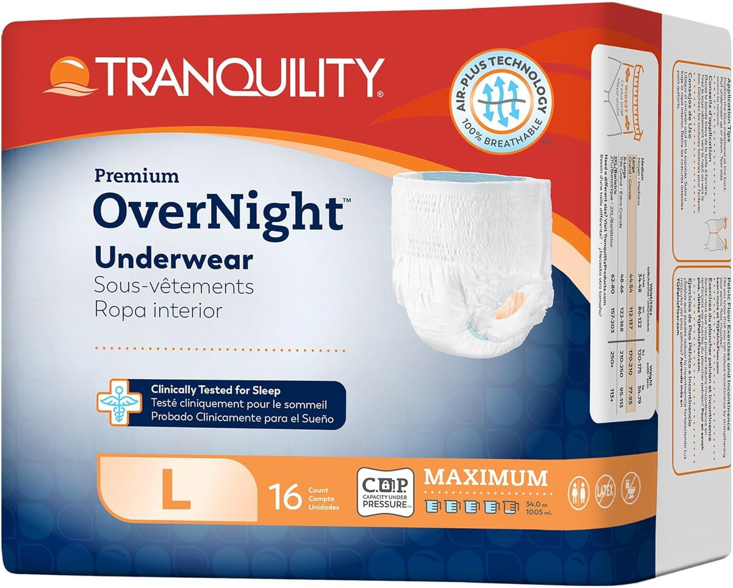 Tranquility Premium OverNight Disposable Absorbent Underwear (16 Count) - L, 44-54 in. Waist - Maximum Absorbency, All-Night Sleep, Breathable Comfort, 16 Adult Diapers
