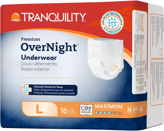 Tranquility Premium OverNight Disposable Absorbent Underwear (64 Count) - L, 44-54 in. Waist - Maximum Absorbency, All-Night Sleep, Breathable Comfort, 64 Adult Diapers