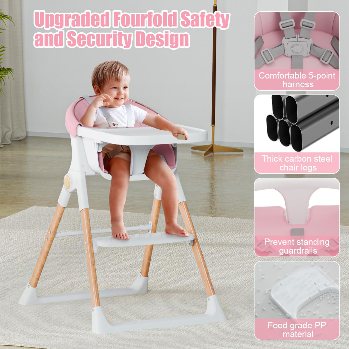 Baby High Chair, High Chairs for Babies and Toddlers, Convertible Folding High Chair with Removable Tray 5 Point Harness Footrest Detachable PU Cushion, Portable Highchair for Baby Toddlers