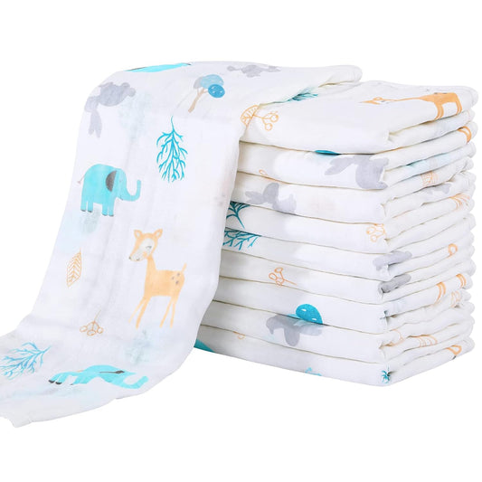 Yoofoss Muslin Burp Cloths for Baby 10 Pack 100% Organic Cotton Baby Washcloths for Boys Girls Large 20''X10'' Super Soft and Absorbent Elephant