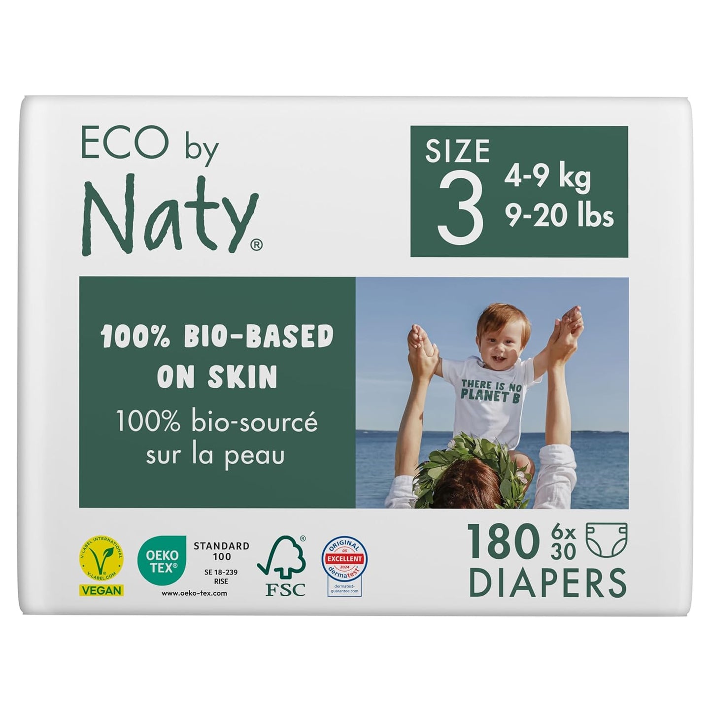 Eco by Naty Eco-Friendly Baby Diapers - 100% Plant-Based Materials on Skin, Soft, for Sensitive Skin & Super Absorbent (Size 3, 180 Count)