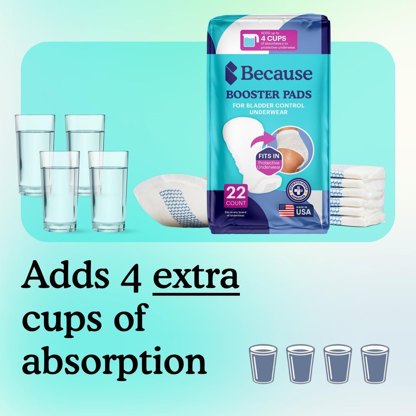 Because Overnight Booster Pads Fit All Adult Diapers, Helps Keep Your Adult Diaper Active All Night, Adds 4 Cups to Incontinence Underwear, Extra Absorbency, 22 Count (Packaging May Vary)