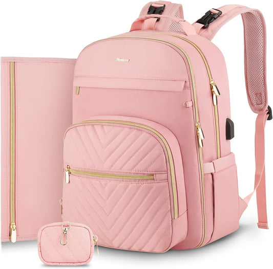 MOMUVO Diaper Bag Backpack, Quilted Baby Bag with Changing Pad & Stroller Straps & Pacifier Case, Large Travel Diaper Bags for Mom Dad, Pink