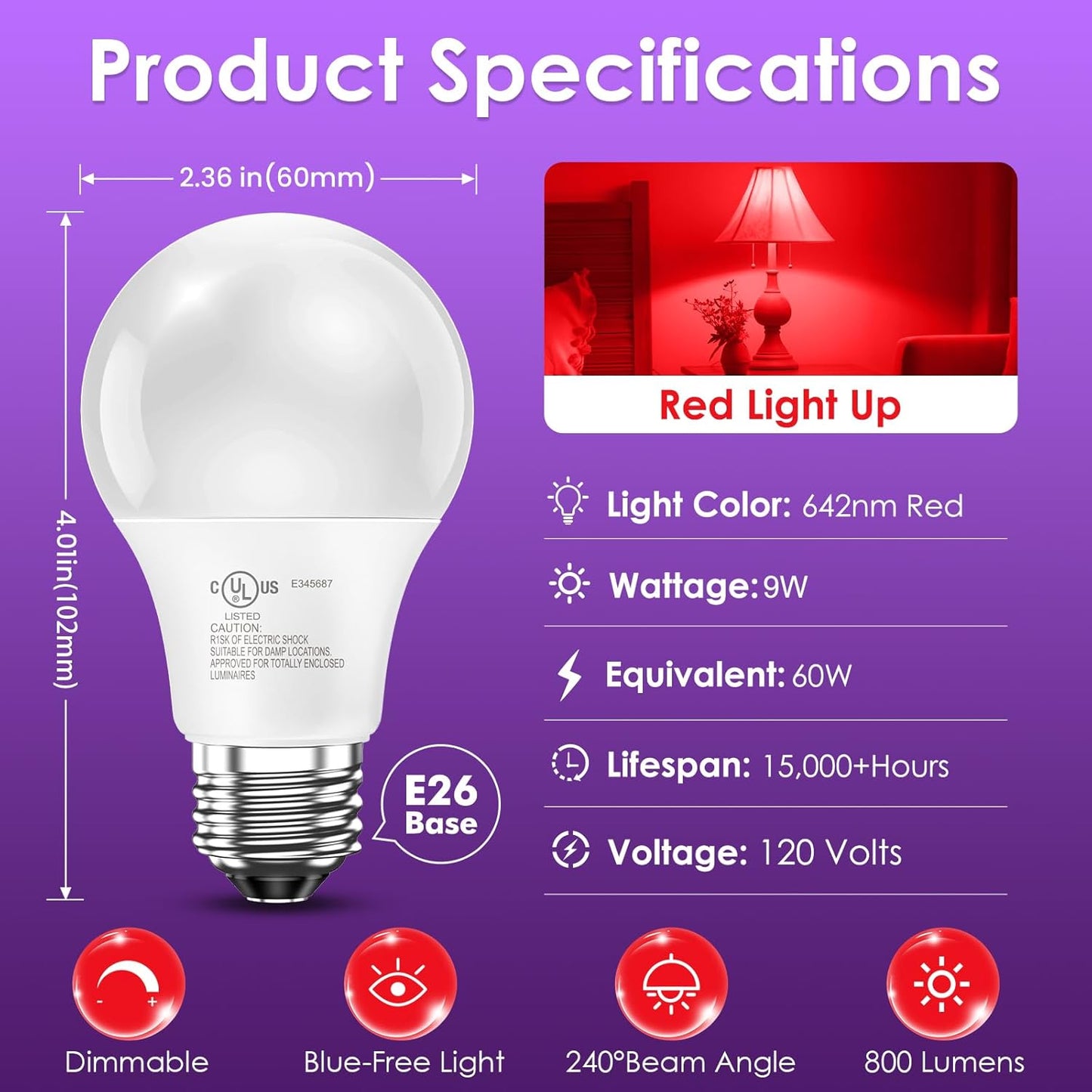 TJOY Red Light Bulbs for Sleep Dimmable, 642nm Red Led Bulb for Melatonin Promoting, 100% Blue Light Blocking, A19 60W Equivalent, 9W E26 Dim Night Light for Bedroom Baby Nursery, 4 Pack