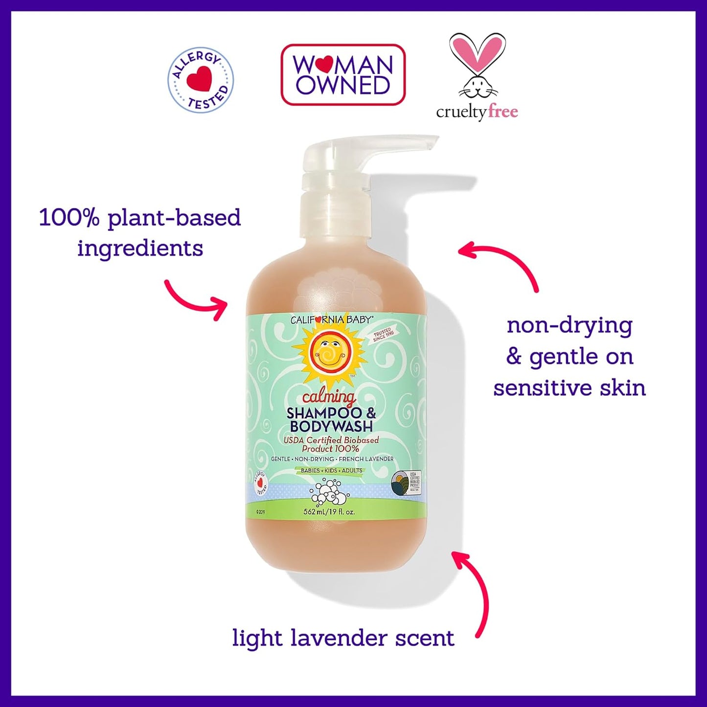 California Baby Calming Baby Shampoo + Baby Wash | 100% Plant-Based | Lavender Body Wash For Sensitive Skin | Hypoallergenic | 562 mL / 19 oz (2-Pack)