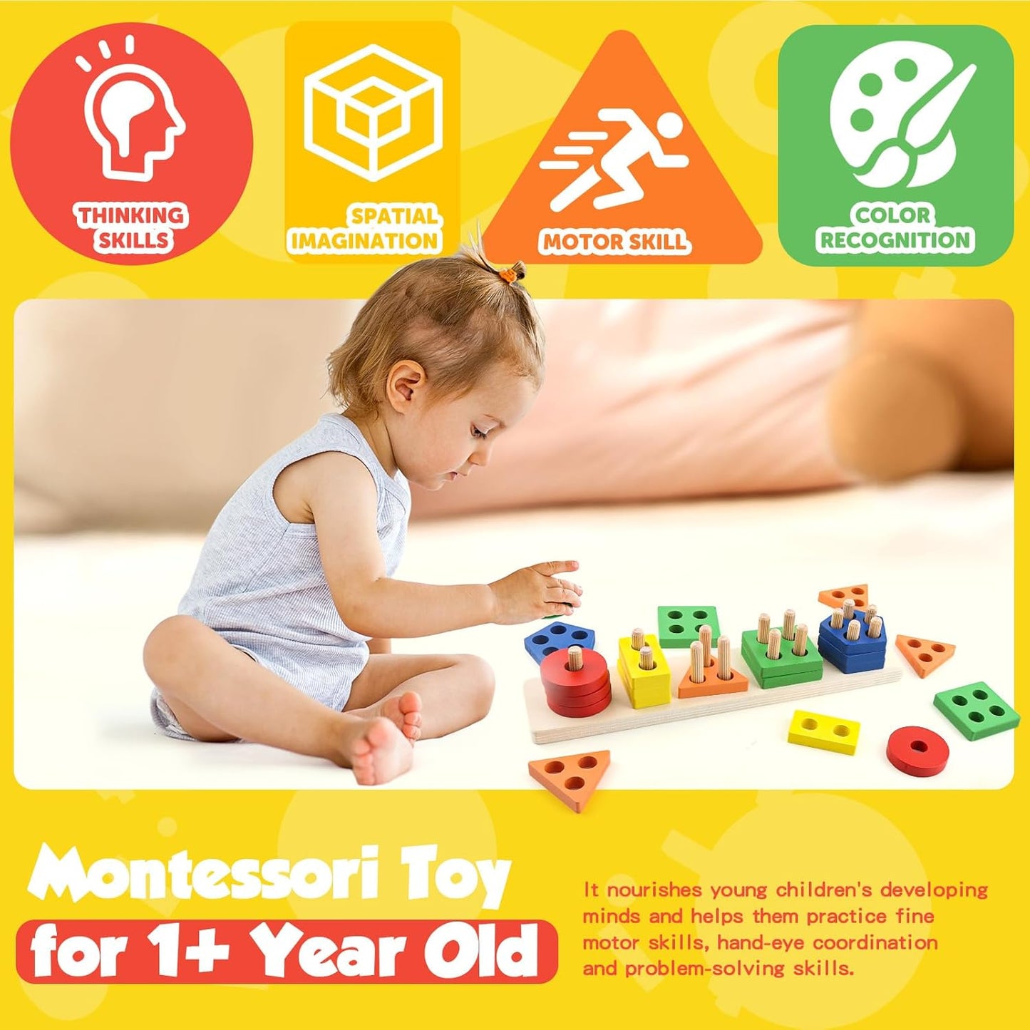 Montessori Toys for 1 2 3 Year Old Girls Boys, Wooden Sensory Toys for 1-3 Year Old Birthday Gifts, Education Toddler Puzzles Toddler Easter Basket Stuffers Learning Toy Activities Puzzles Ages 1-3