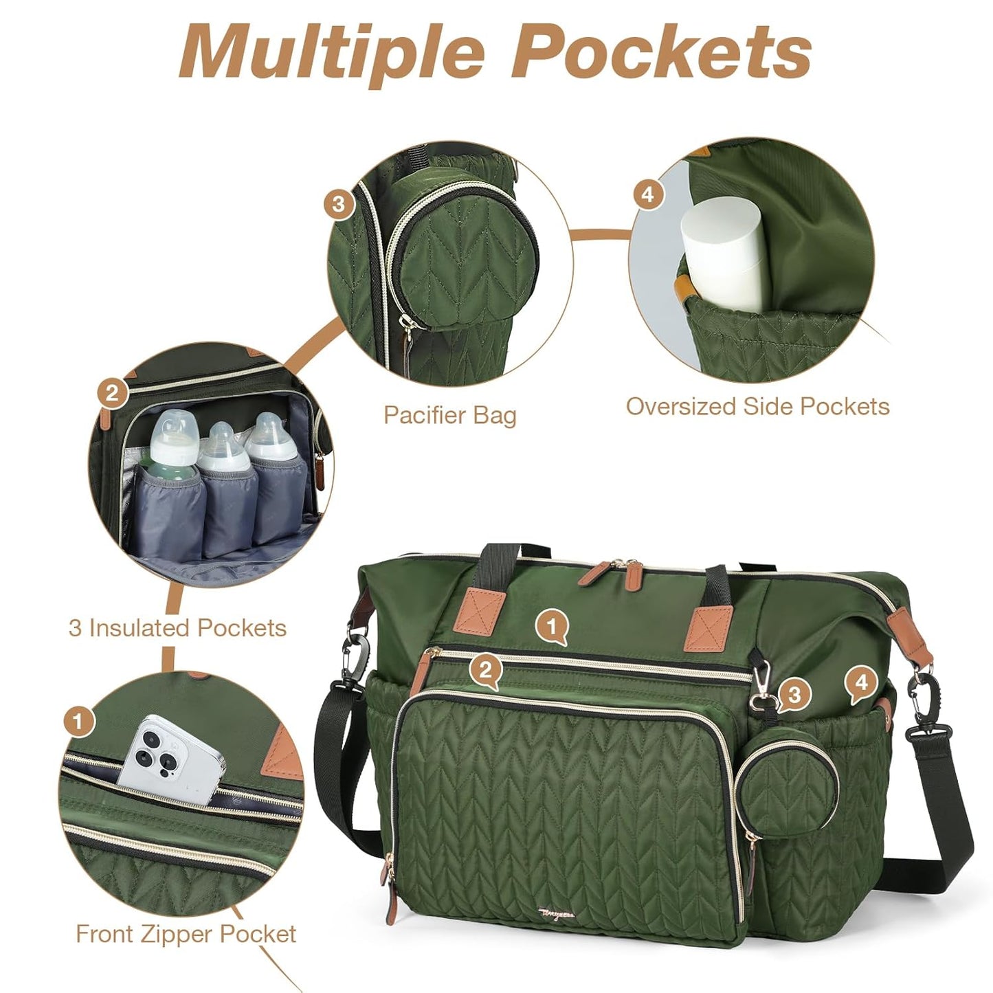 Diaper Bag Tote, Large Baby Diaper Bags Waterproof, Hospital Bag for Labor Delivery with Pacifier Case, Changing Pad, Shoulder Strap, Dark Green