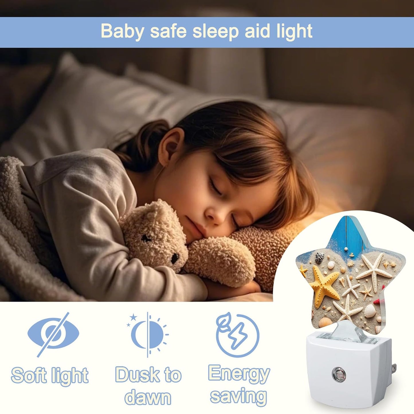 Coastal Seashell Starfish Night Lights Plug Into Wall,Blue Wooden Star Night Light for Kids,Nightlight with Dusk to Dawn Smart Sensor for Bedroom Bathroom Decor,Children Women Men Gift