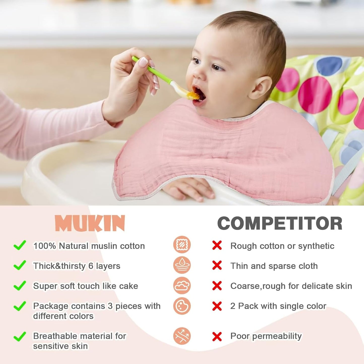 MUKIN Baby Muslin Burp Cloth Set of 6, Ultra Soft Absorbent Thick Cotton Burping Cloths for Unisex Newborn Babies, 20'' by 10'' Neutral Milk Spit Up Rags Boys Girls - Baby Must Haves. (Gradient Pink)