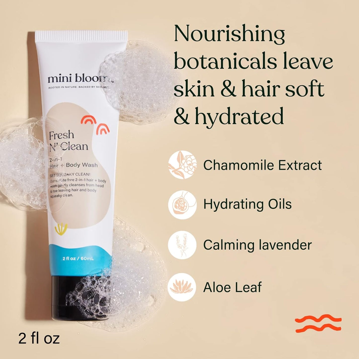 Mini Bloom Fresh N’ Clean 2-in-1 Hair + Body Wash Shampoo Sulfate-Free Baby & Kid Safe Aloe leaf, Chamomile extract, Lavender & Botanicals - Travel Size