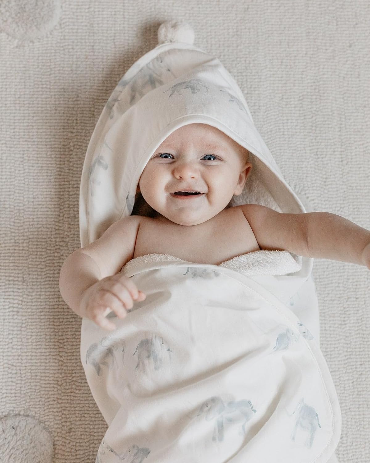 PEHR Hooded Towel, Follow Me Elephant | Absorbent French Terry & Soft Brushed 100% Cotton | 30” x 30”