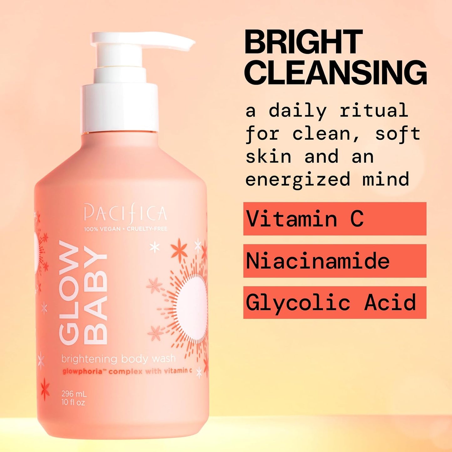 Pacifica Glow Baby Brightening Body Wash – Vitamin C & AHA Exfoliating Body Wash for Glowing Skin, Moisturizing Daily Shower Gel for Dull Dry Skin, Niacinamide & Kakadu Plum, Vegan, 10 oz