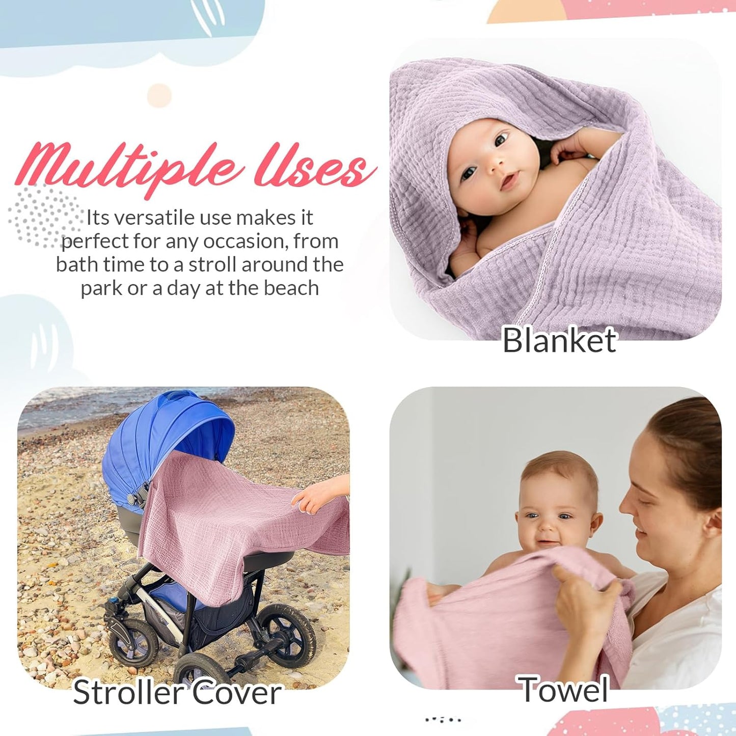 6 Pcs Muslin Hooded Bath Towels Washcloths and Bibs Set, Muslin Cotton Baby Towels Absorbent Hooded Blanket Towel Infant Bibs for Boys Girls Newborn Infant Essentials(Pink, Purple)