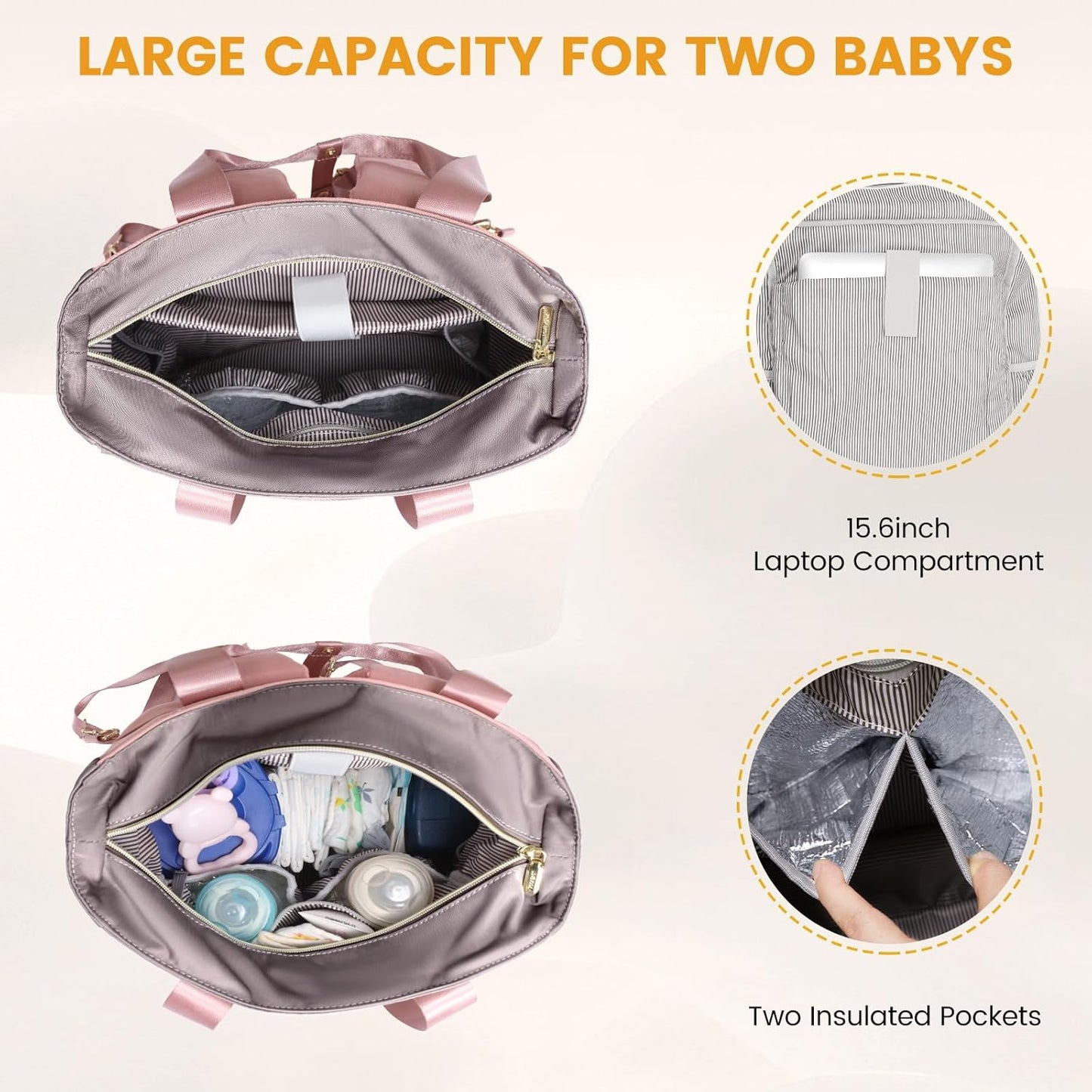 LOVEVOOK Diaper Bag Backpack,Diaper Bag Tote with Insulated Pockets,Baby Bag for Girl Boy with Changing Pad,Large Baby Diaper Bag with Pacifier Case,Anti-Theft Travel Backpack for Women,Pink-Gray