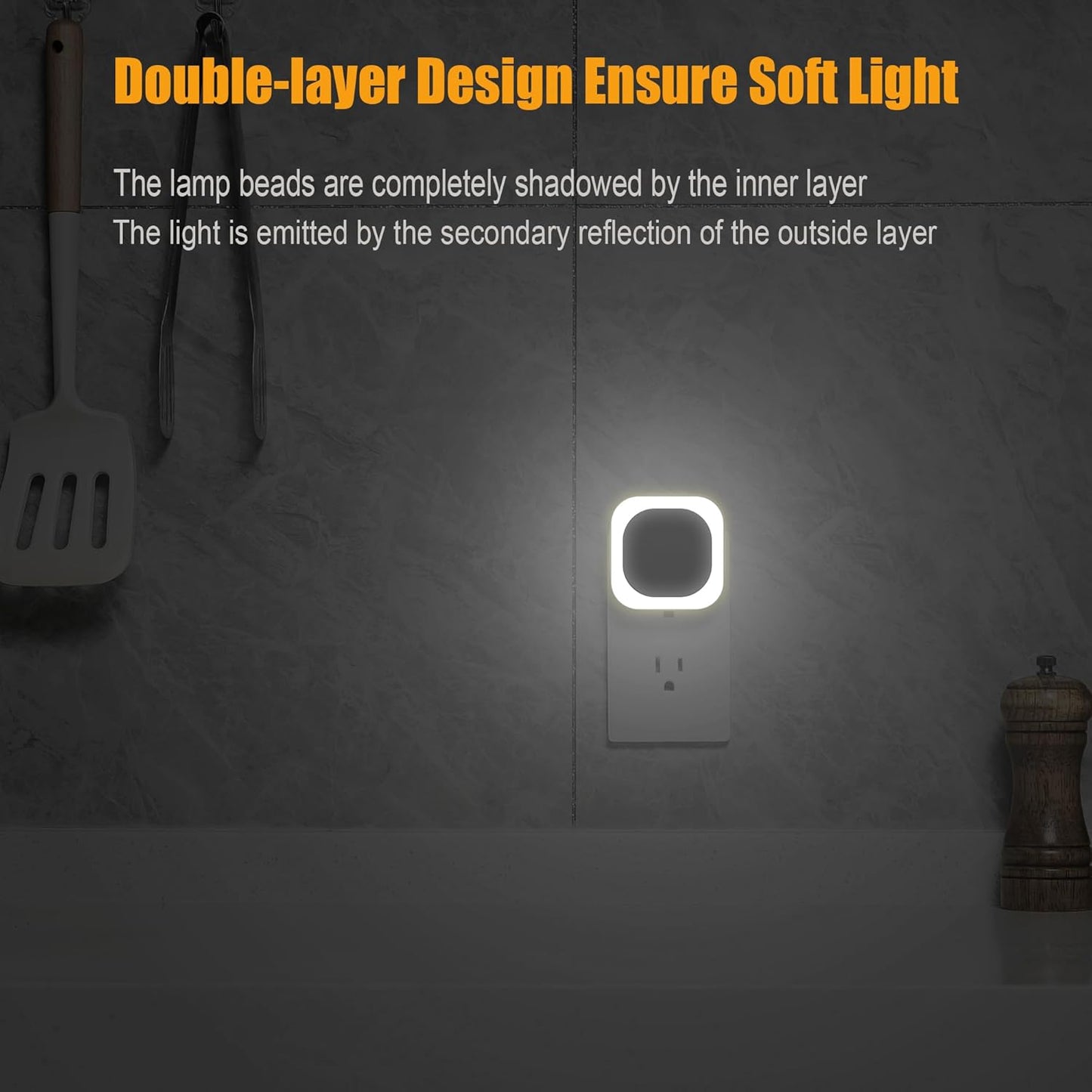 2 Pack Daylight White Night Light, Gentle Eye-Care with Dimmable Wide-Glow & Indirect Reflection, Auto Dusk to Dawn Sensor, Plug in for Kitchen Counter, Garage Workshop, Laundry, Hallway