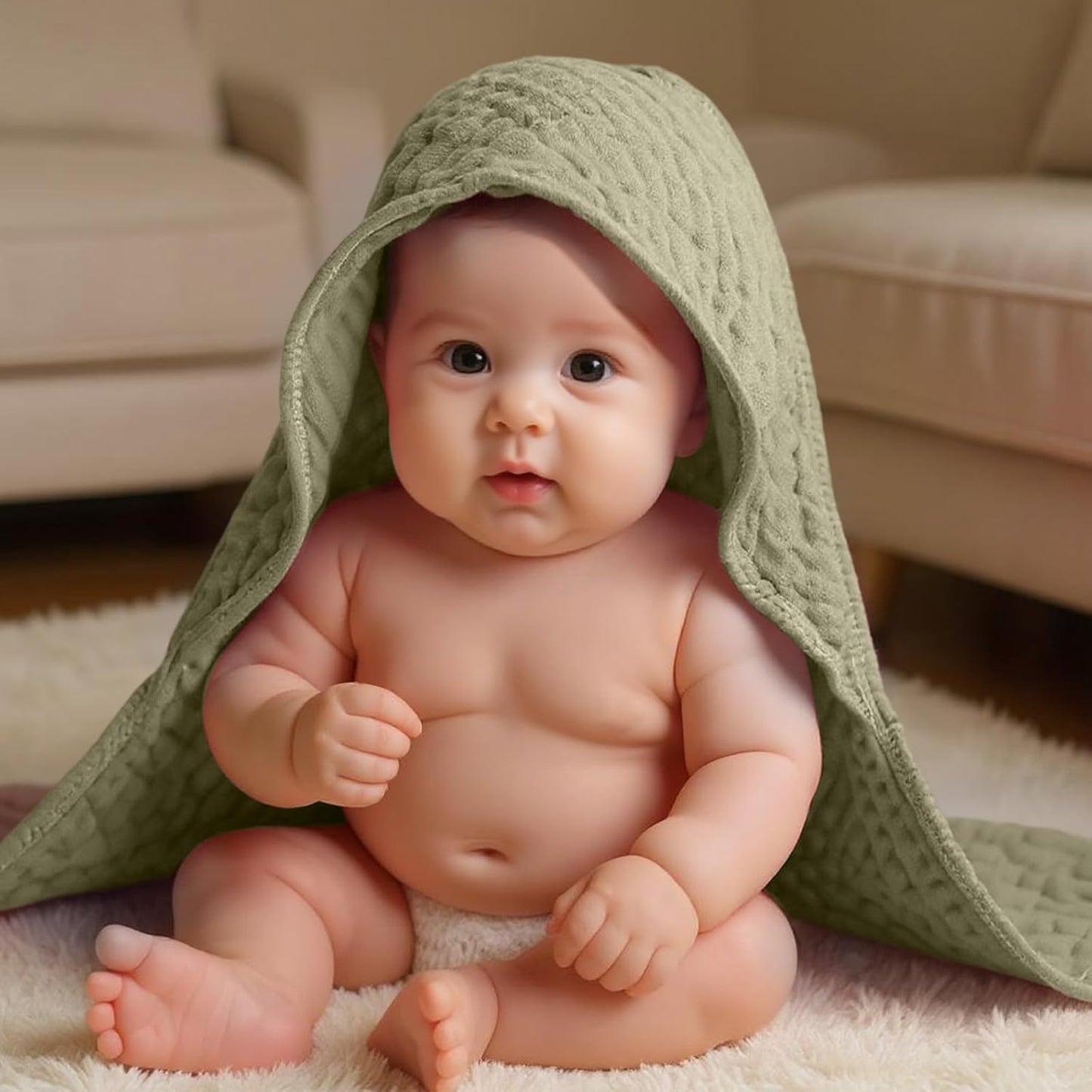 Peryiter 4 Pcs Muslin Hooded Baby Towels, 32"x 32" Cotton Newborn Bath Towel Muslin Infant Baby Blankets Absorbent Unisex Christmas Registry Gift Essentials for Girls Boys (Green Series)
