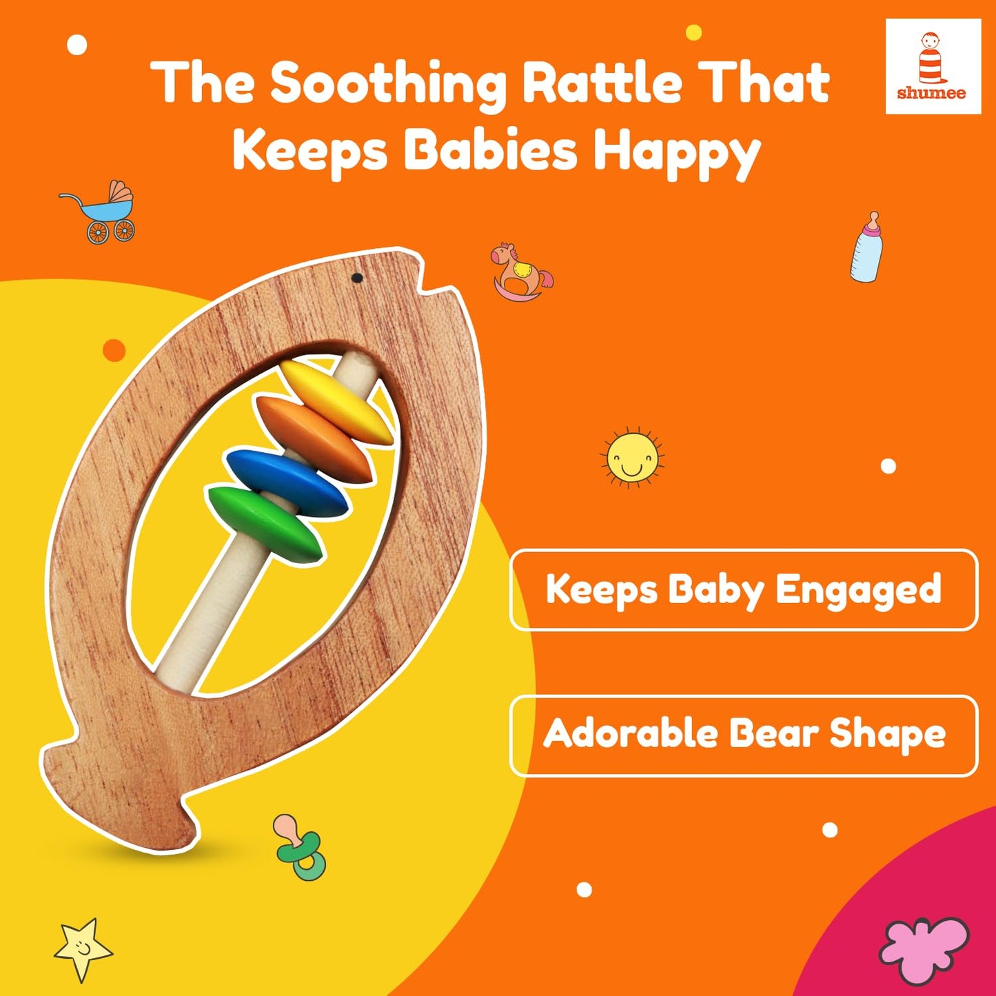 Shumee Wooden Fish Rattle Rings and Teethers for Infants | Sensory Toy | 100% Safe, Natural & Eco-Friendly | 6 Months+
