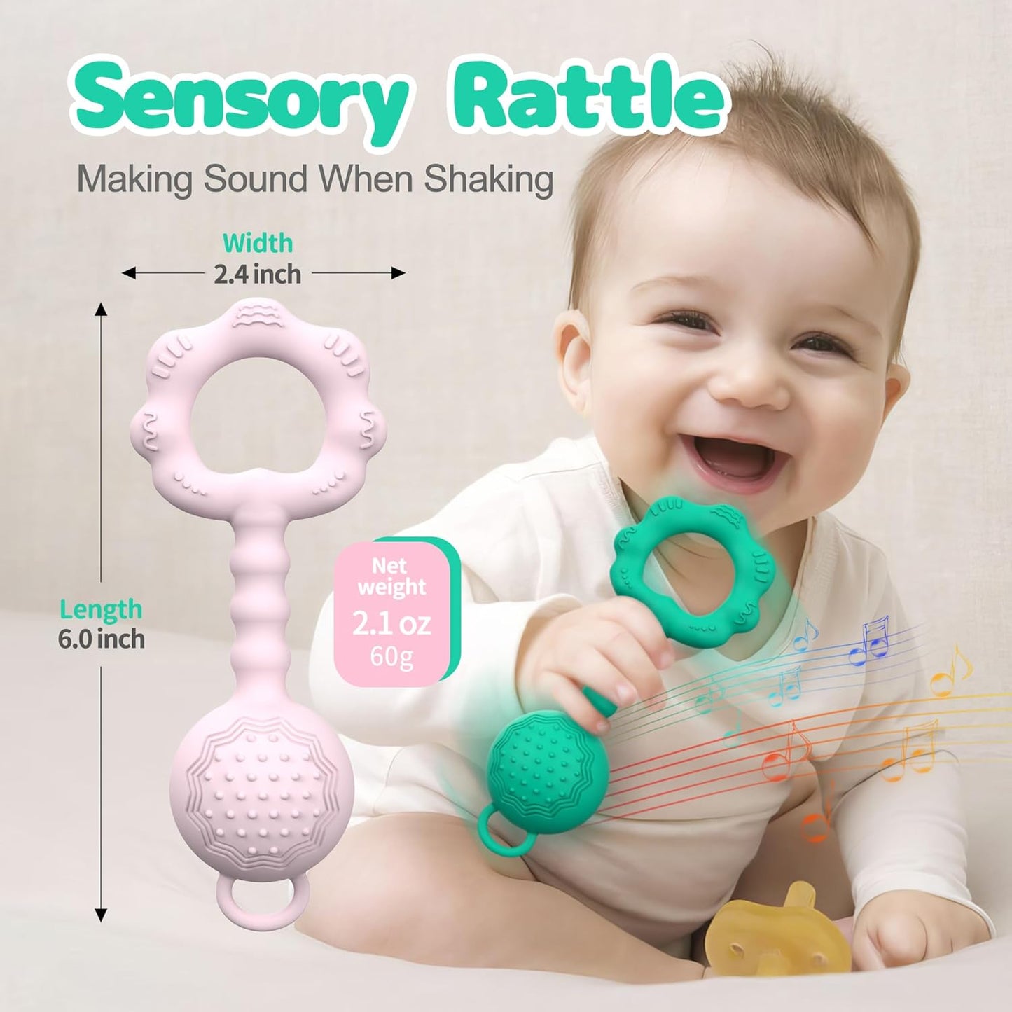 2 Pcs Baby Rattle Teether, 2-in-1 Rattle and Teether Toy for Soothing Sore Gums and Keeps Little Ones Entertained, Food Grade Silicone (Spearmint+Pink)