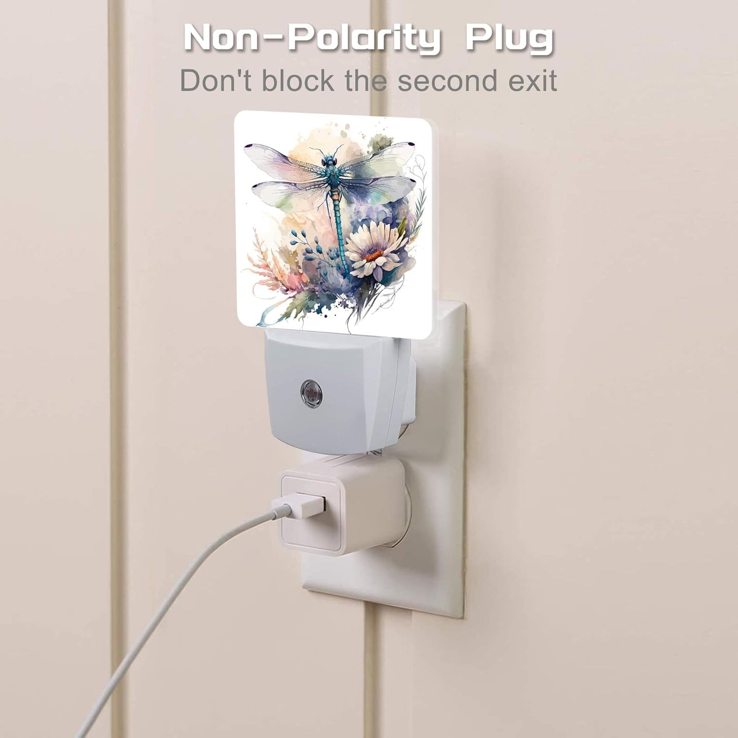 Watercolor Dragonfly Flowers Night Light, Vintage Insect Botanical Floral Leaves Dusk to Dawn Night Light Plug in,0.5w Energy Saving Sleep Friendly NightLight for Kids Boys Girls Home Decor